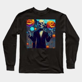 Spooky handsome skeleton in suit holding pumpkins balloons Long Sleeve T-Shirt